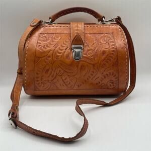 Vintage Tooled Leather Top Handle Handbag Tan Women's Purse Made In Vegas